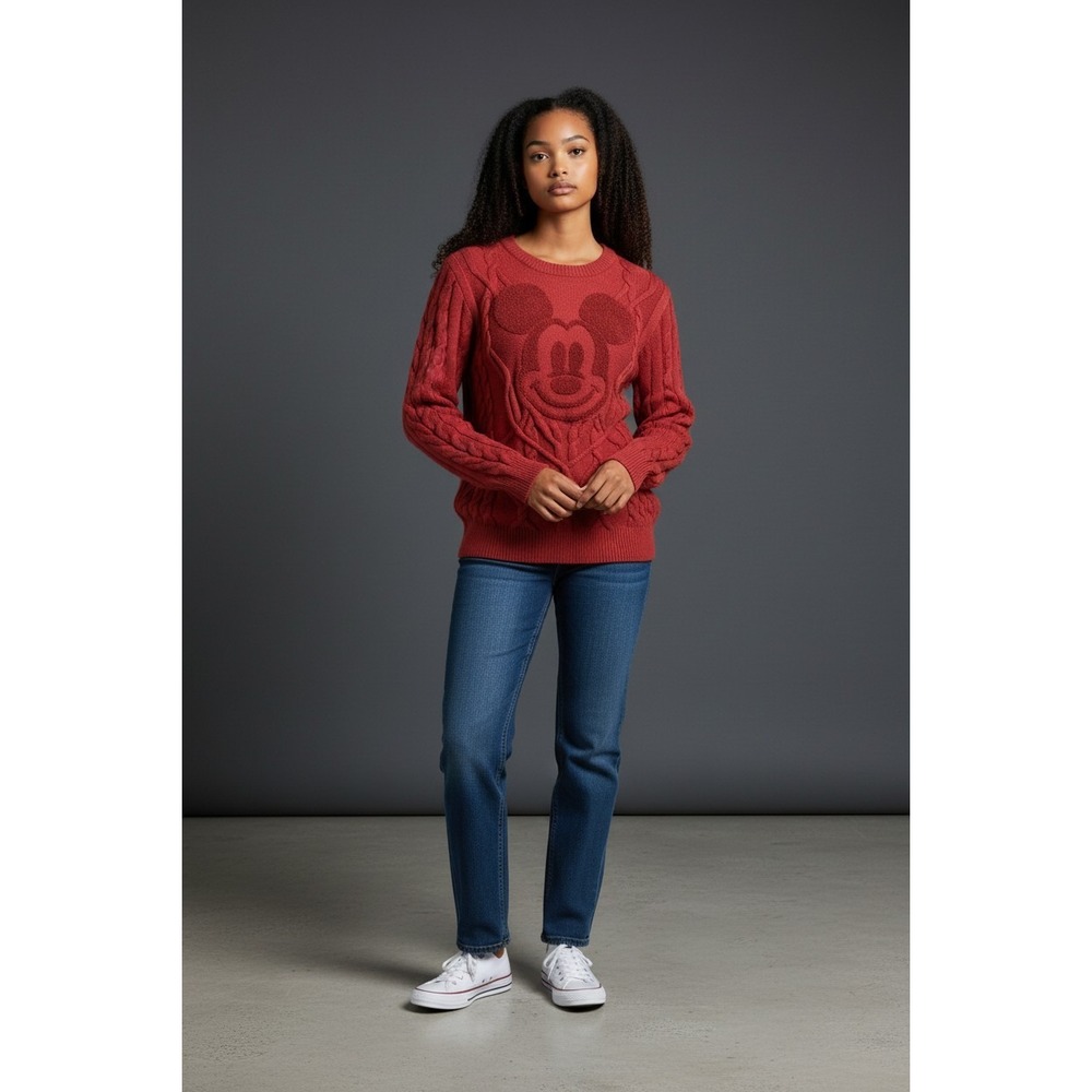 Disney Mickey Mouse Red Cable Knit Sweater Textured Graphic Pullover Small